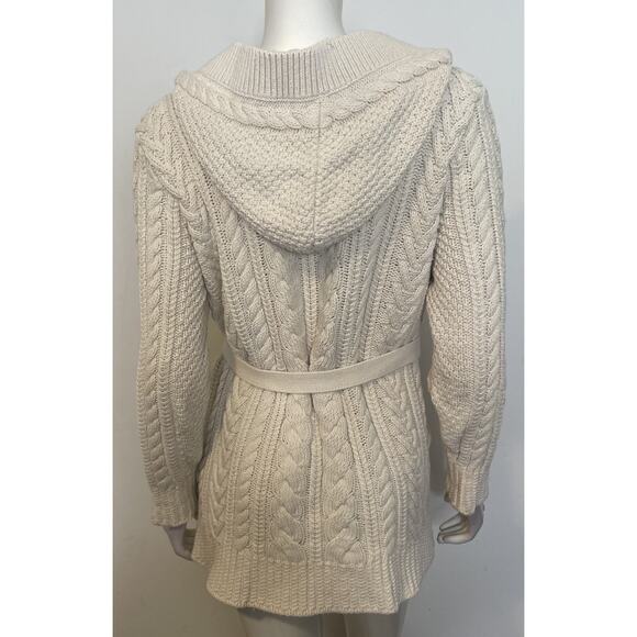 LL Bean Ivory Cotton Belted Cardigan Womens M LS Pockets Hood - Picture 4 of 9